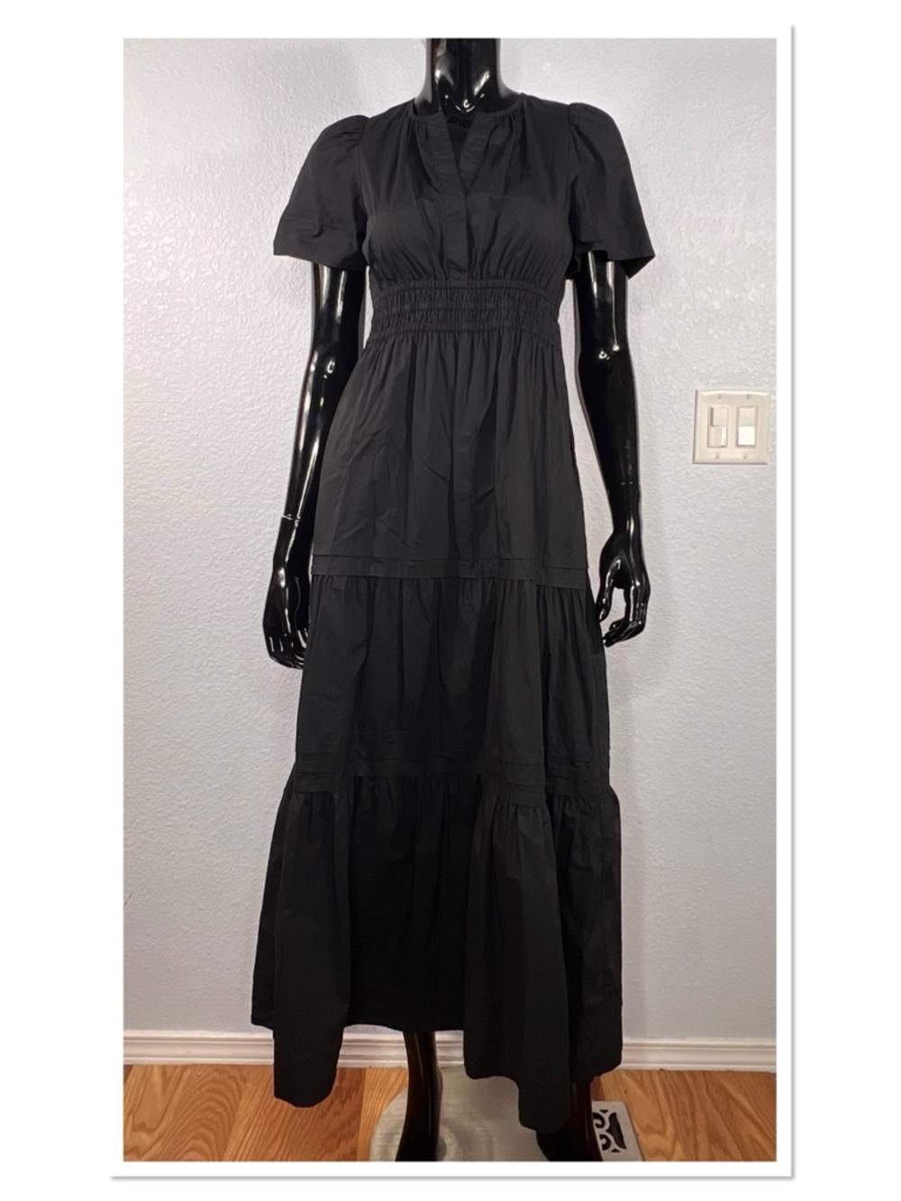 Quince Black Tiered Puff-Sleeve 100% Organic Cotton Poplin Maxi Dress Sz S - Picture 3 of 10